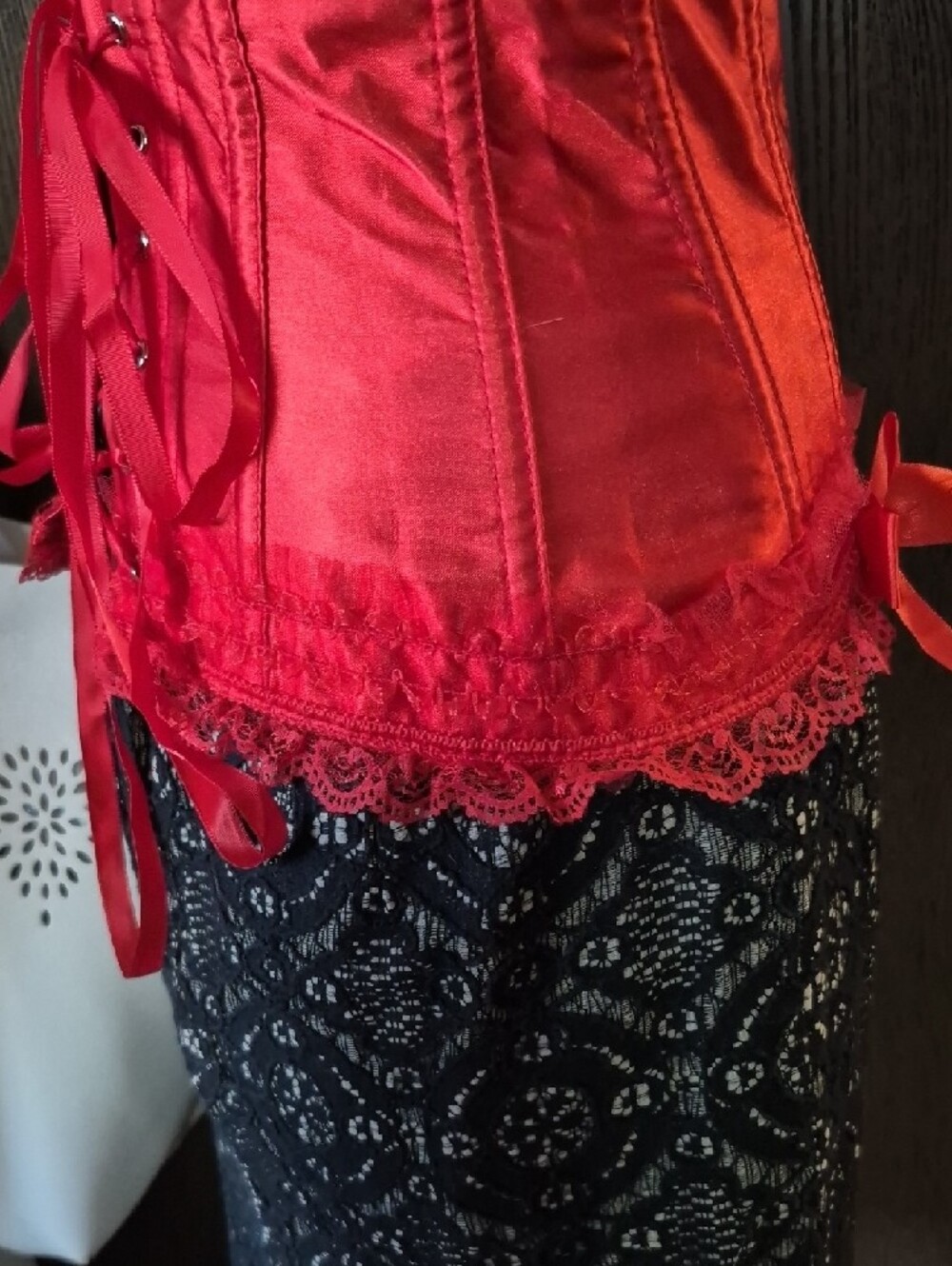 CORSET CLOSEOUT ALL $10 NWOT Red Satin Lace Corset Top with Bow Accents - Picture 7 of 10